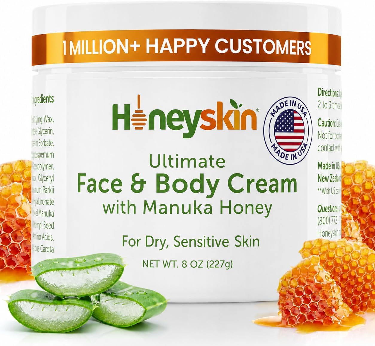 Honeyskin Ultimate Face & Body Cream with Manuka Honey MGO 514+ - Organic Hydrating Moisturizer for Extremely Dry, Sensitive Skin - Comfort Care for Dry, Sensitive Skin 8oz