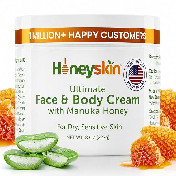 Honeyskin Ultimate Face & Body Cream With Manuka Honey MGO 514+ Organic Hydrating Moisturizer For Extremely Dry, Sensitive Skin - Comfort Care For Dry, Sensitive Skin 8oz