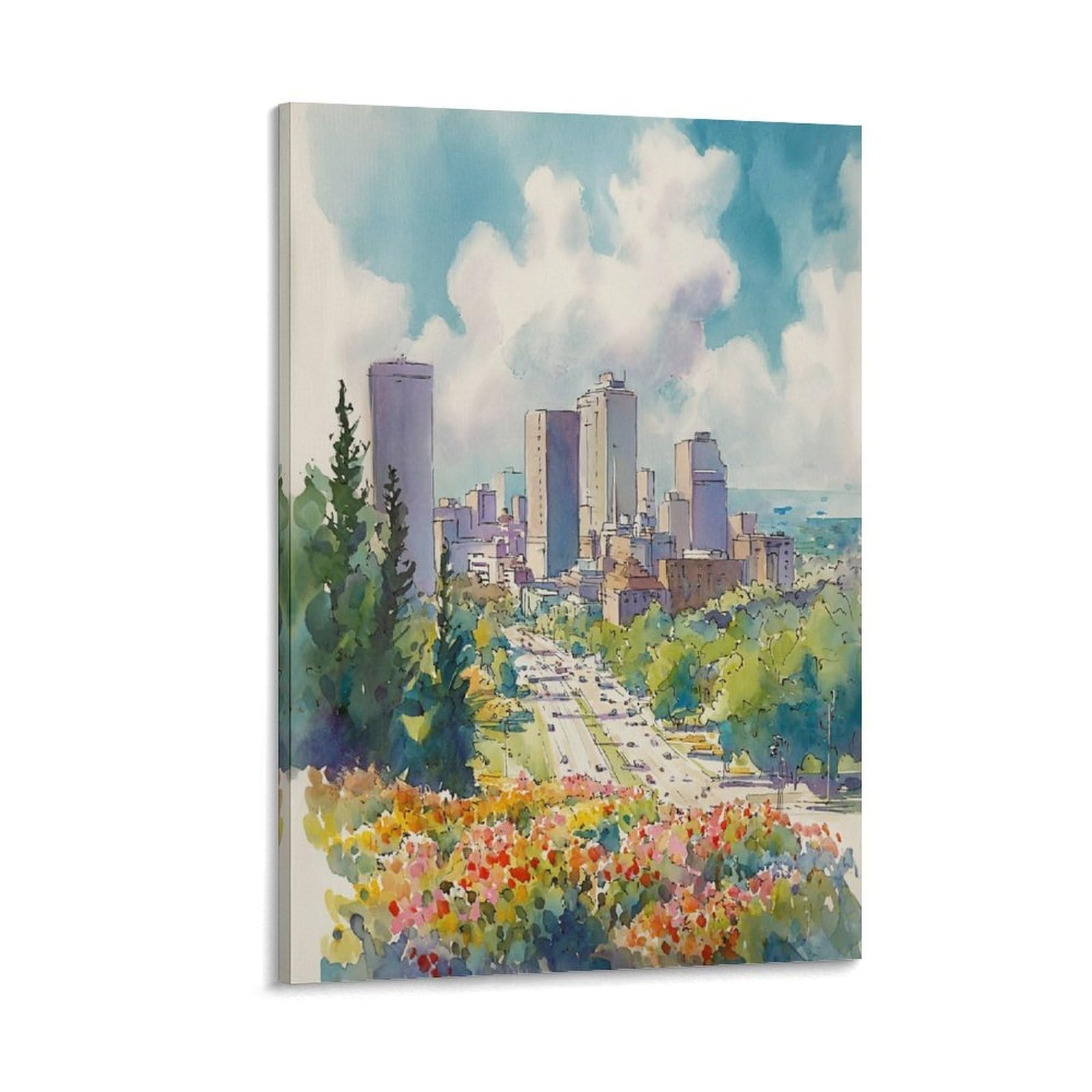 XWYMXZ Calgary Watercolor Painting Canada Travel Poster 24x36inch(60x90cm) Vintage Watercolor Canvas Art