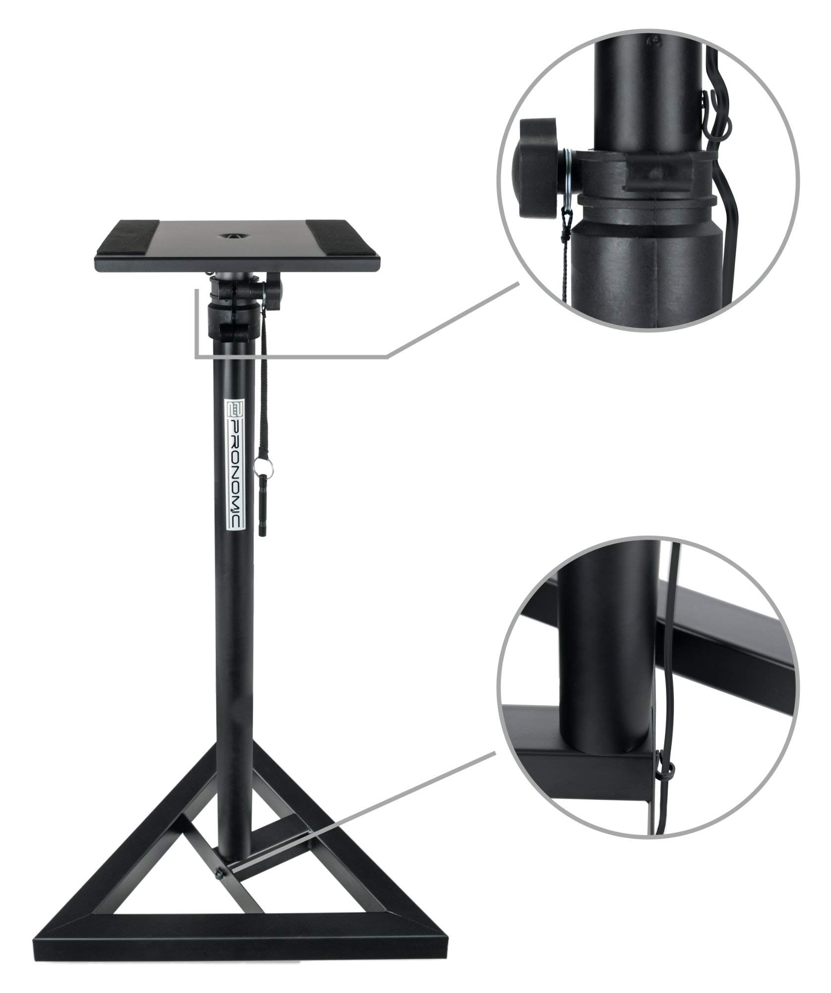 Pronomic SLS-10 2x Supporto per casse Studio Monitor- Altezza regolabile da 80 cm a 130 cm, base triangolare, piedini in gomma, piedini a spillo, acciaio, piastra di supporto con strisce gomma - Nera