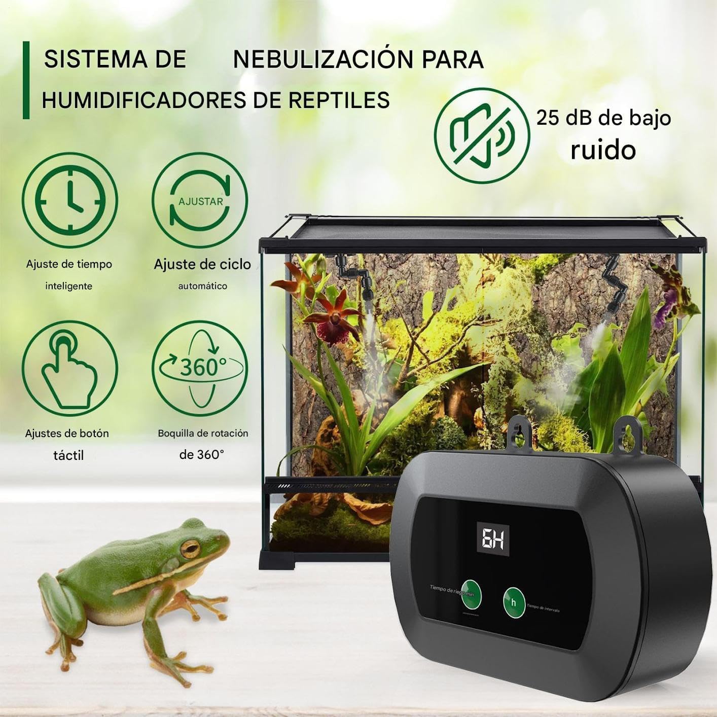 Humidifier for Terrarium – Automatic Humidifier for Reptiles with Timer, Silent Diffuser with Adjustable Nozzles and Manual Spraying for Terrariums and Vivariums