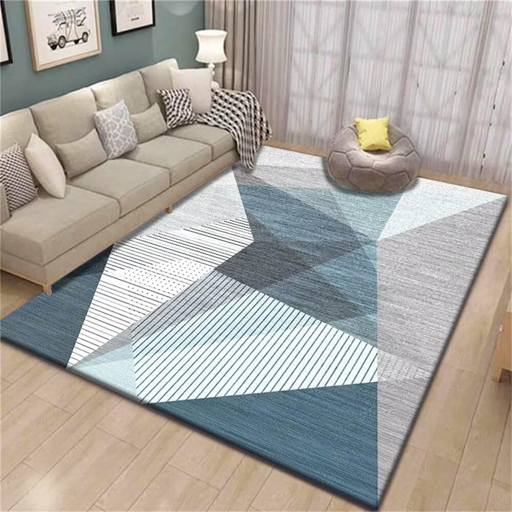 Tapis lavable 90X150CM au design geometrique triangle gris bleu
