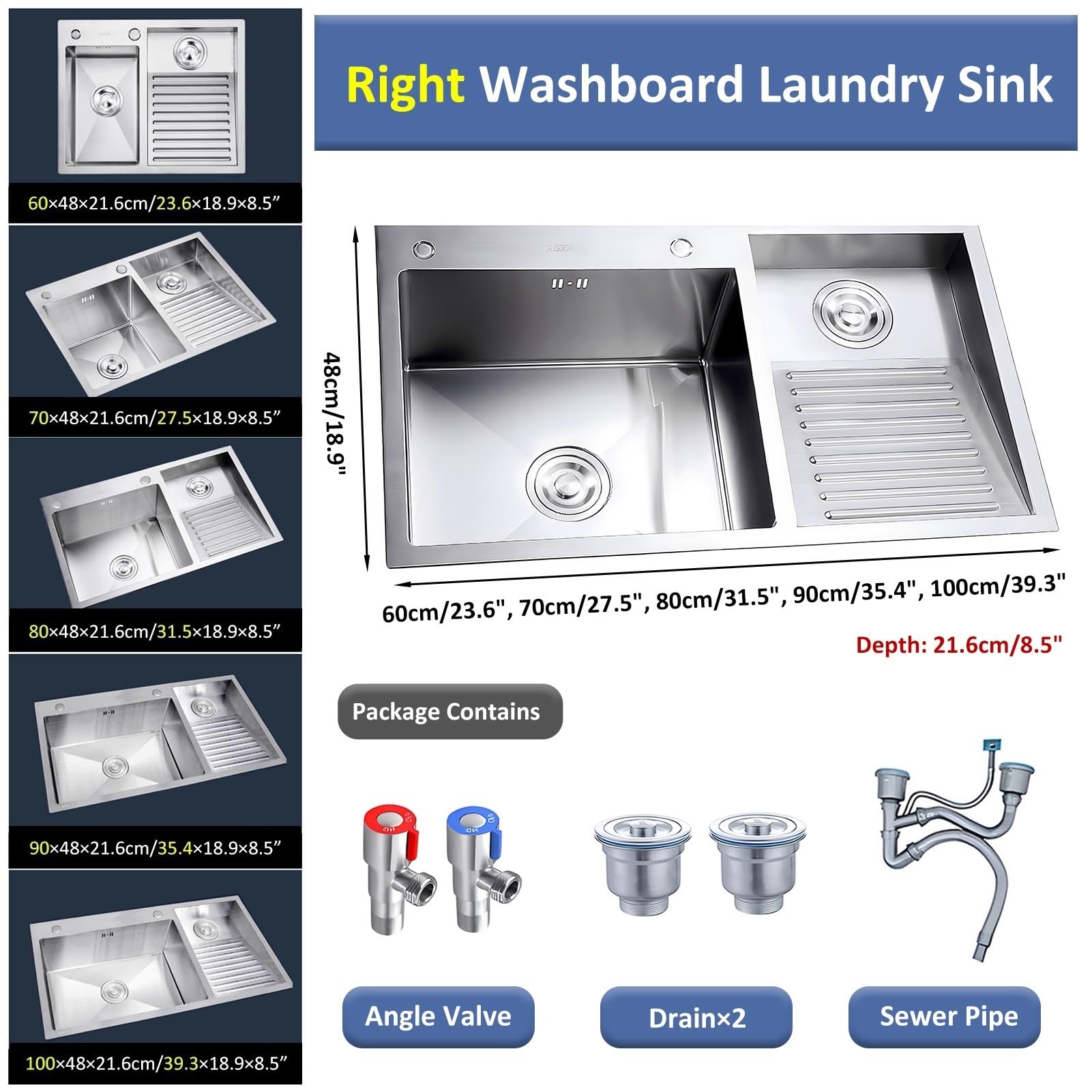 Fregadero para Lavandería, Tina De Lavado con Panel De 4 Mm De Grosor, Lavabo De Acero Inoxidable, Lavabo para Estación De Trabajo Grande con Válvula De Ángulo, Kit De Drenaje (Color : Right, S : 80