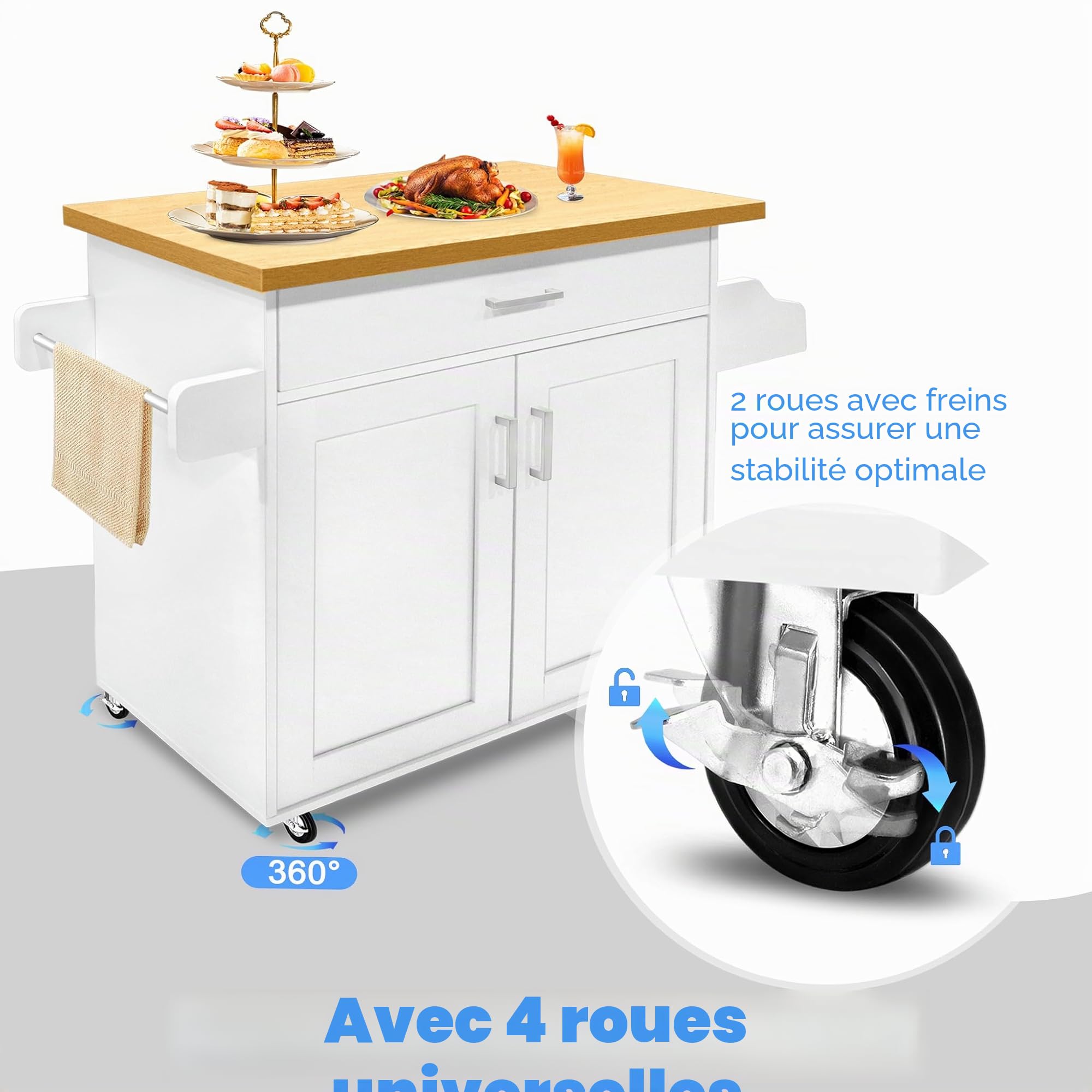 Cuisine armoire sur roulettes avec plan de travail îlot en bois - Chariot de service avec tiroir et étagère - Style maison de campagne