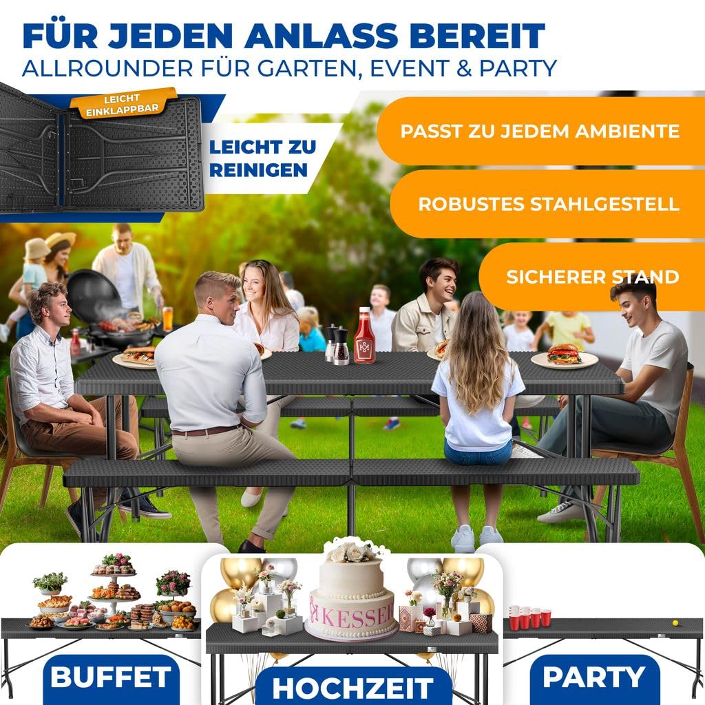 KESSER® Buffettisch Tisch klappbar Kunststoff 183x76cm Rattan Optik Campingtisch Partytisch Klapptisch Gartentisch 6 Personen Garten Terrasse & Balkon zusammenklappbar inkl. Tragegriff Anthrazit