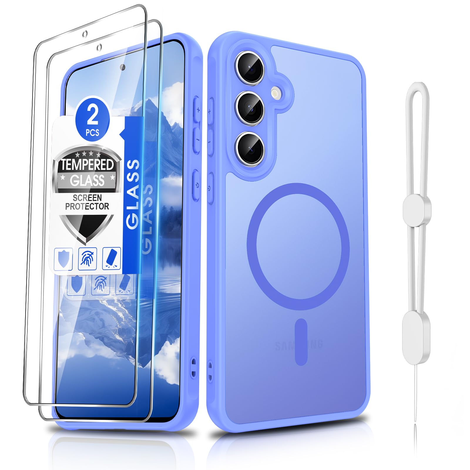 Dizn for Samsung Galaxy S24 FE Case,with Tempered Glass Screen Protector, Compatible with MagSafe Wireless Charging, with Strap,Military Grade Magnetic Shockproof Fundas Protective S24FE, Sky Blue