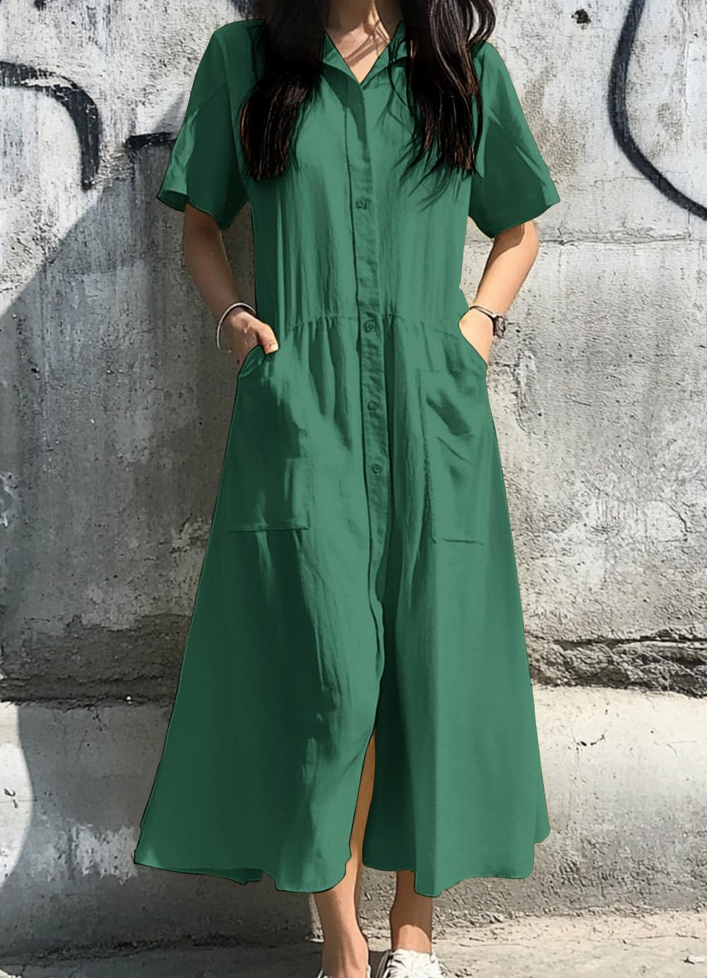 chouyatou Women's Summer Short Sleeve Button Down Shirt Dress A-Line Flared Maxi Long Beach Casual Dress - Image 2