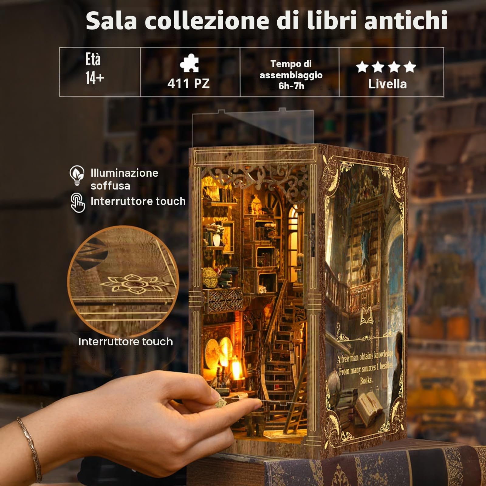Book Nook Kit, Miniatura Sala Collezione Libri Antichi, puzzle in legno 3D fai da te con LED, set fai da te per adulti e ragazzi, Idea Regalo Creativa,decorazione per libreria