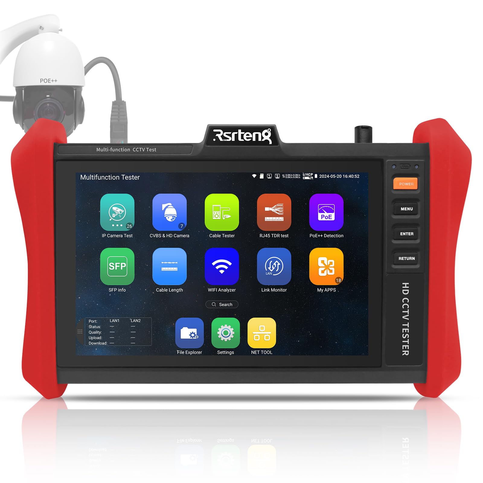 Rsrteng CCTV Tester 4K 12MP IP Camera Tester POE++ Max 90W POE Camera Tester 8MP TVI/CVI/AHD/CVBS Coaxial Camera Tester,1CH SFP Module,WiFi,Network Tools,Cable Tester,HD/VGA,POE Detection