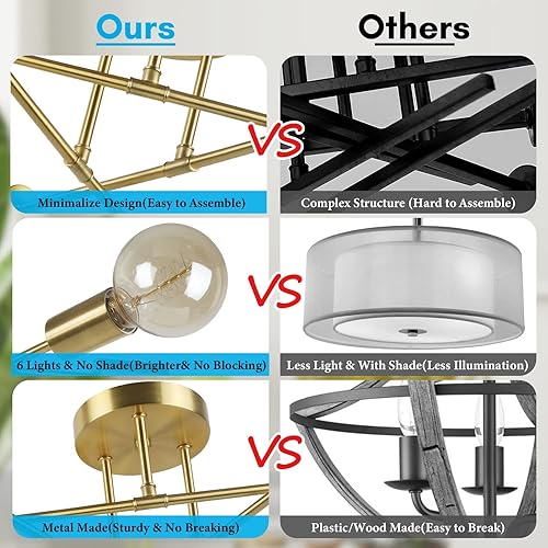 Miniatura 6 de Sputnik - Lámpara de techo industrial de 6 luces, lámpara de techo semiempotrada dorada de 22 pulgadas con base E26, lámpara Sputnik para comedor,