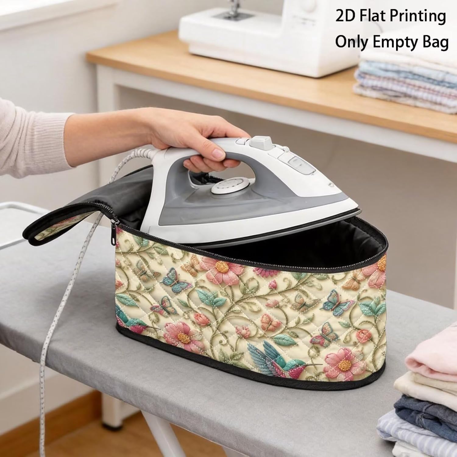 Hummingbird Floral Print Quilted Steam Iron Travel Case and Storage Organizer Bag, Quilted Dustproof Holder with Handle, Portable Carrier for Home and Outdoor, Case Only image 5