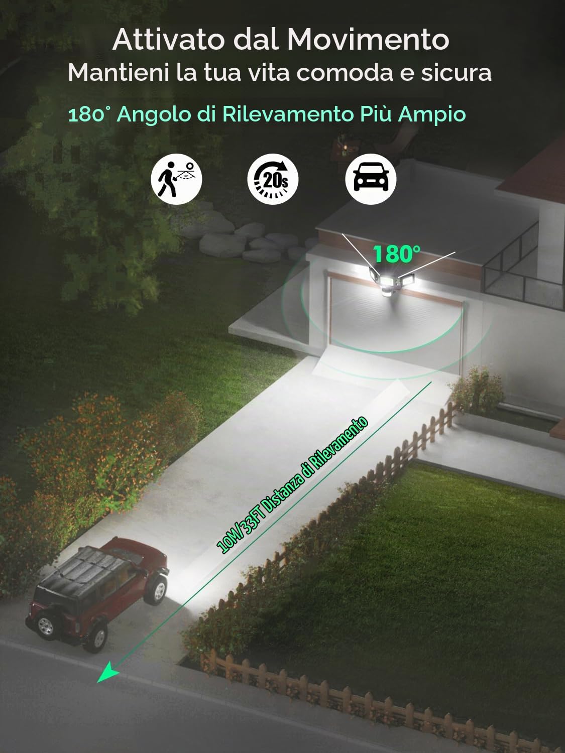 Faretto LED con sensore di movimento per esterni, faretto da esterno 100W 10000LM con 3 teste regolabili, farettos LED bianco freddo 6500K con telecomando, faretto impermeabile IP65