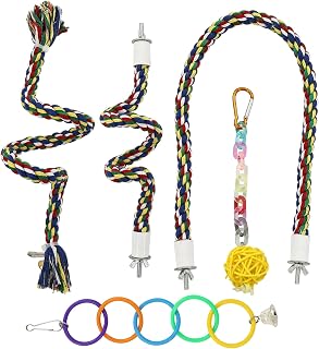 3 Pcs Parrot Bird Rope Perch Rope Perches for Bird Cages Bird-Cage-Rope Perches for Parrots can be Bent Freely, for Parrots and Canaries, with Five-Color Rings and Small Yellow Pendulum