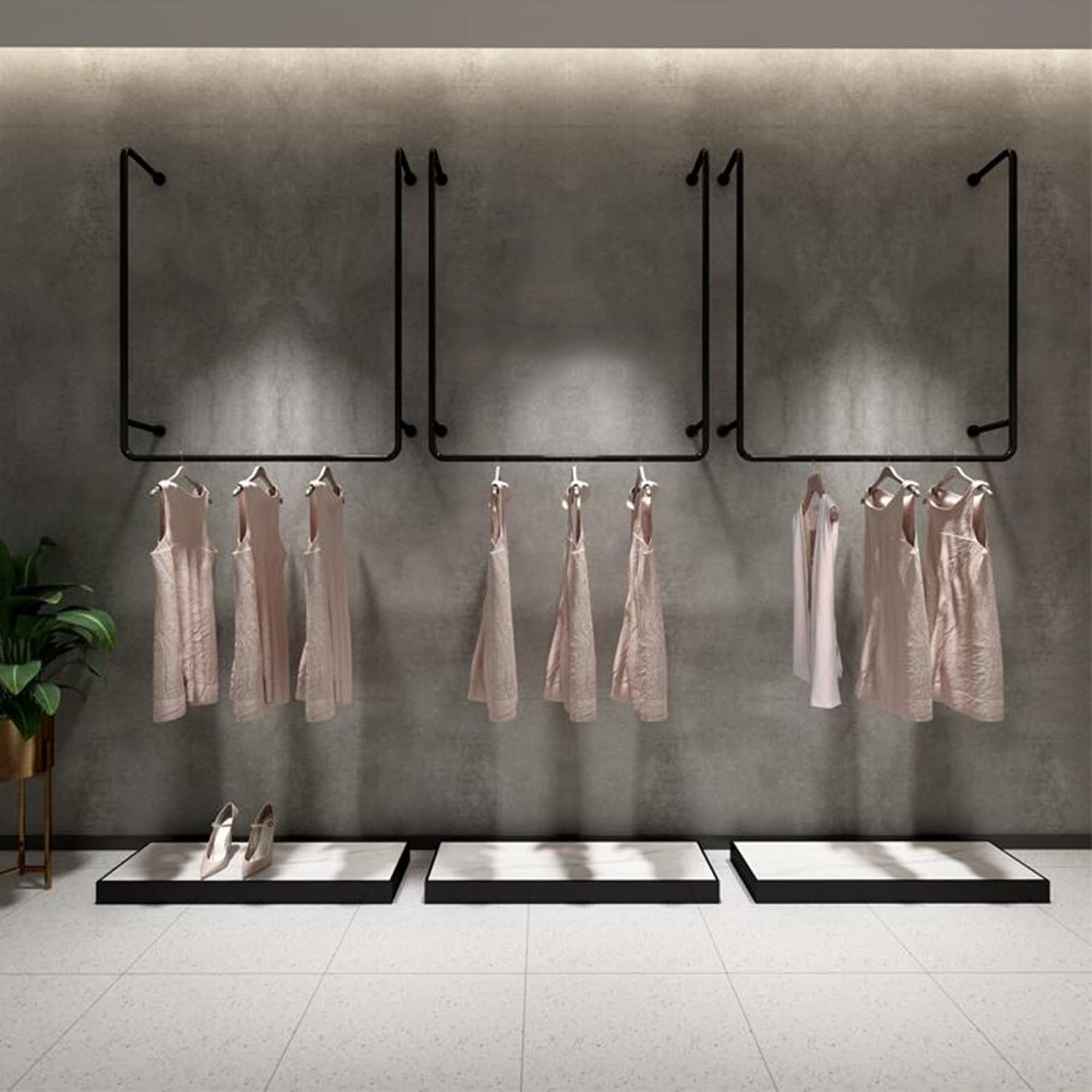Appendiabiti da parete in ferro industriale a forma di tubo di ferro, salvaspazio, per appendere indumenti, design nero, 150 x 120 cm, per uso domestico e al dettaglio