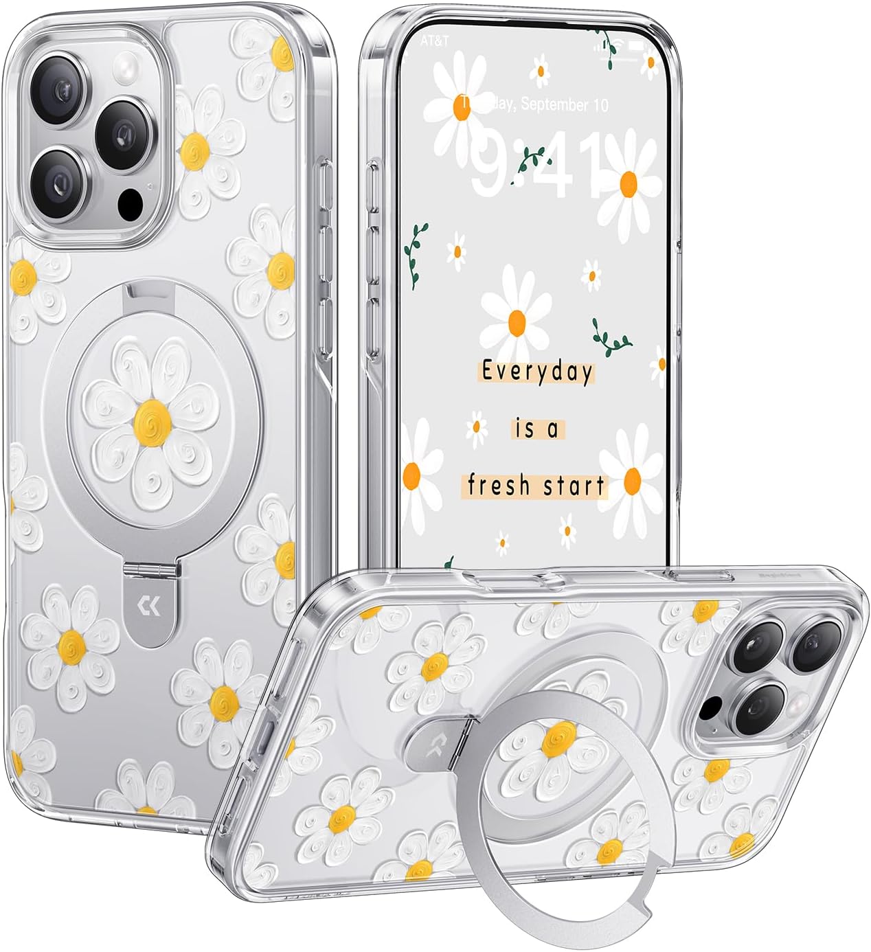 CASEKOO Floral Series Oil Painting Daisy for iPhone 16 Pro Max Case with Magnetic Ring Stand [Compatible with MagSafe] [Military-Grade Protection] Fashion Clear Back, Soft Edge, for Women