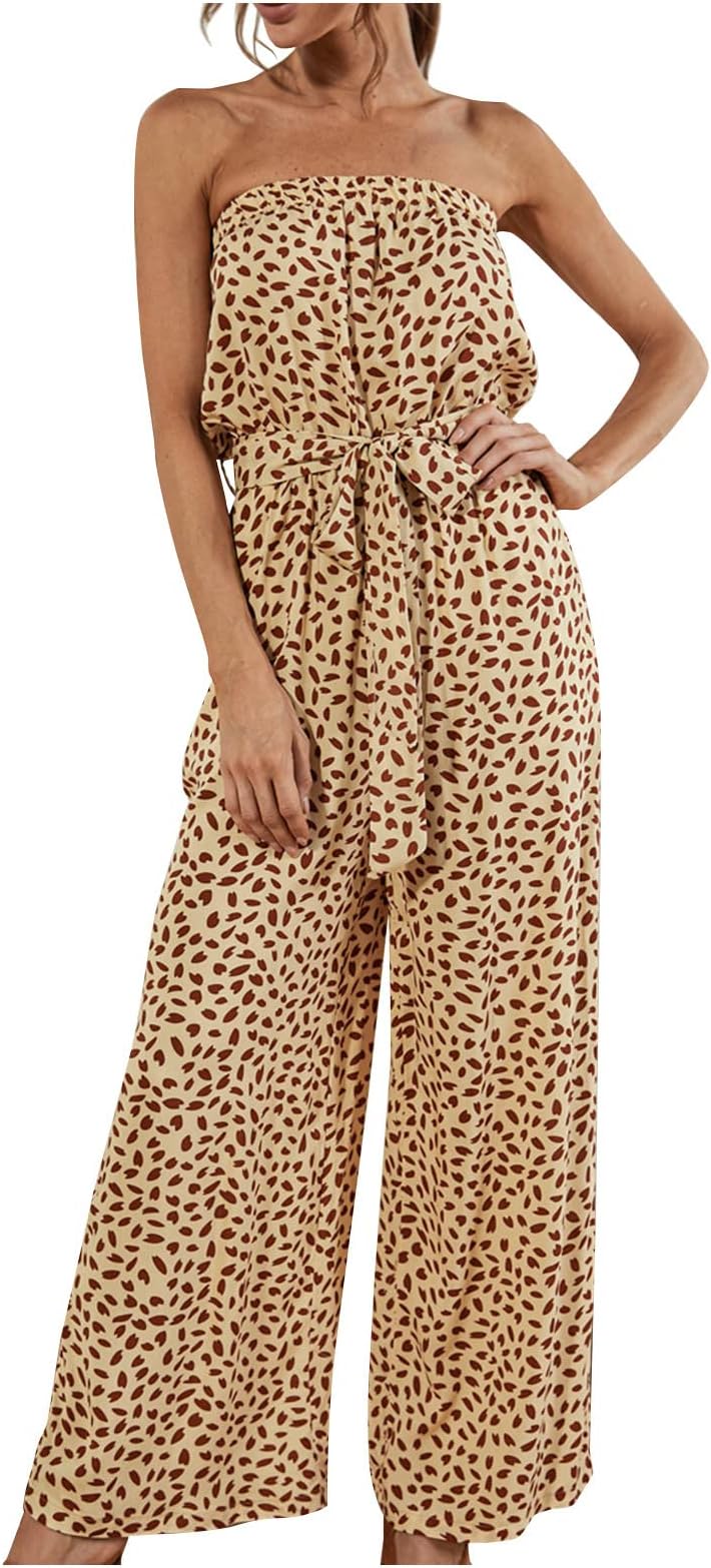 LaixpWomens Sleeveless Sexy Little Dot Print Jumpsuit Strapless Elastic Waist Lace-up Wide-Legged Jumpsuit-Trousers
