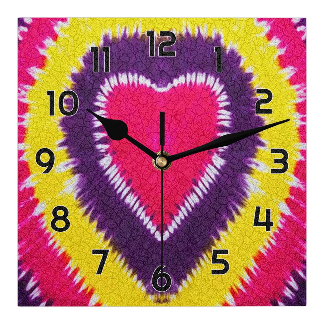 Mularoka Love Heart Tie Dye Wall Clock 8 Inch Silent Non-Ticking Battery Operated Quartz Modern Square Clock for Living Room Office Home Bedroom Kitchen Bathroom Classroom School
