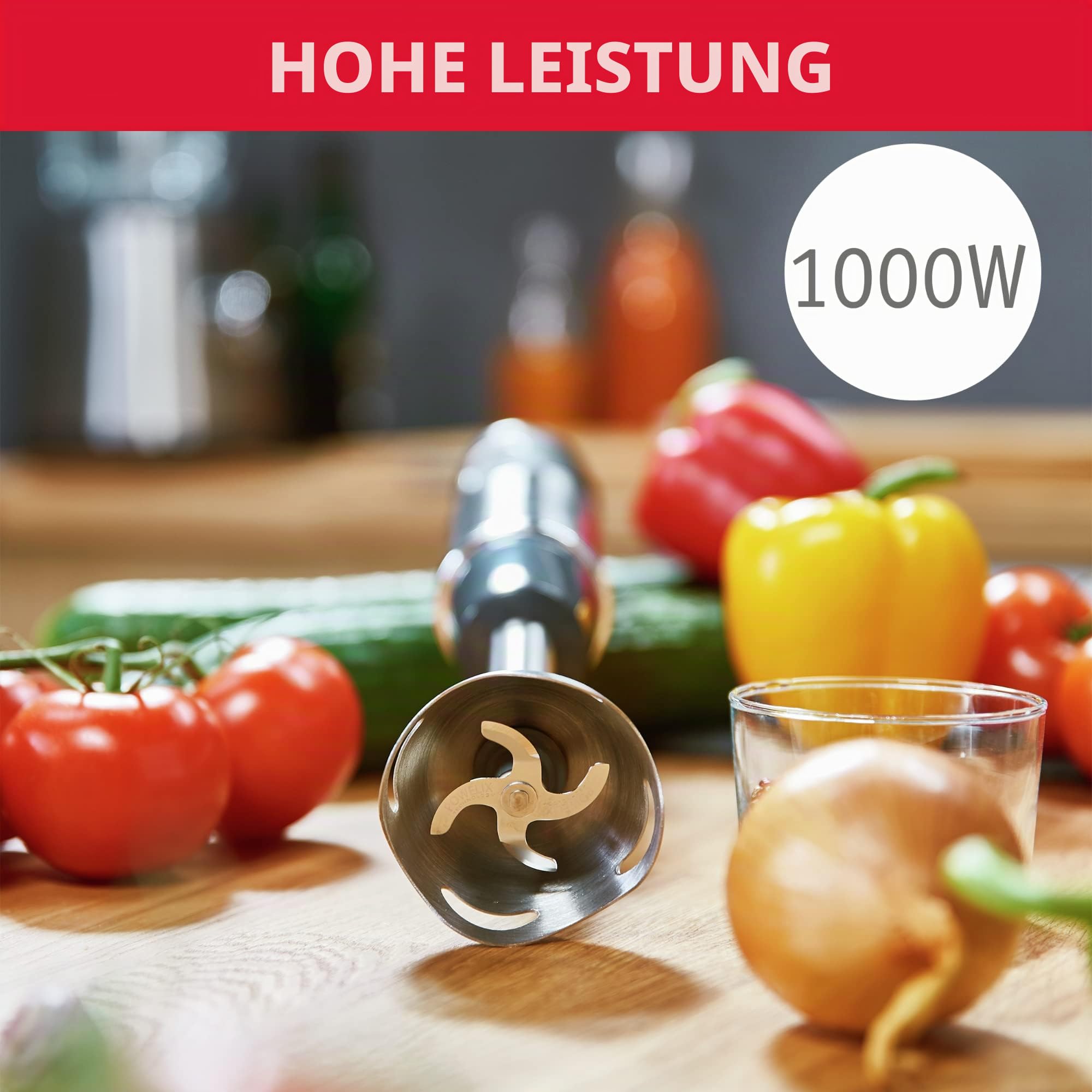 Moulinex DD6558 Quickchef 3-in-1 Stabmixer, 1000 W, Mixer mit Powelix-Technologie und 10 Geschwindigkeitsstufen, 3 Zubehörteile, Becher 800 ml, Zerkleinerer 500 ml und Schneebesen, Klingen aus