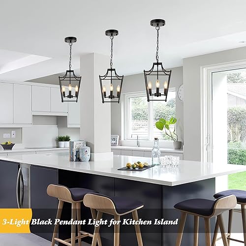 Miniatura 3 de Lámpara colgante de farol, lámparas colgantes negras, 3 luces colgantes de farol negro, 9.4 pulgadas, iluminación colgante ajustable de granja para