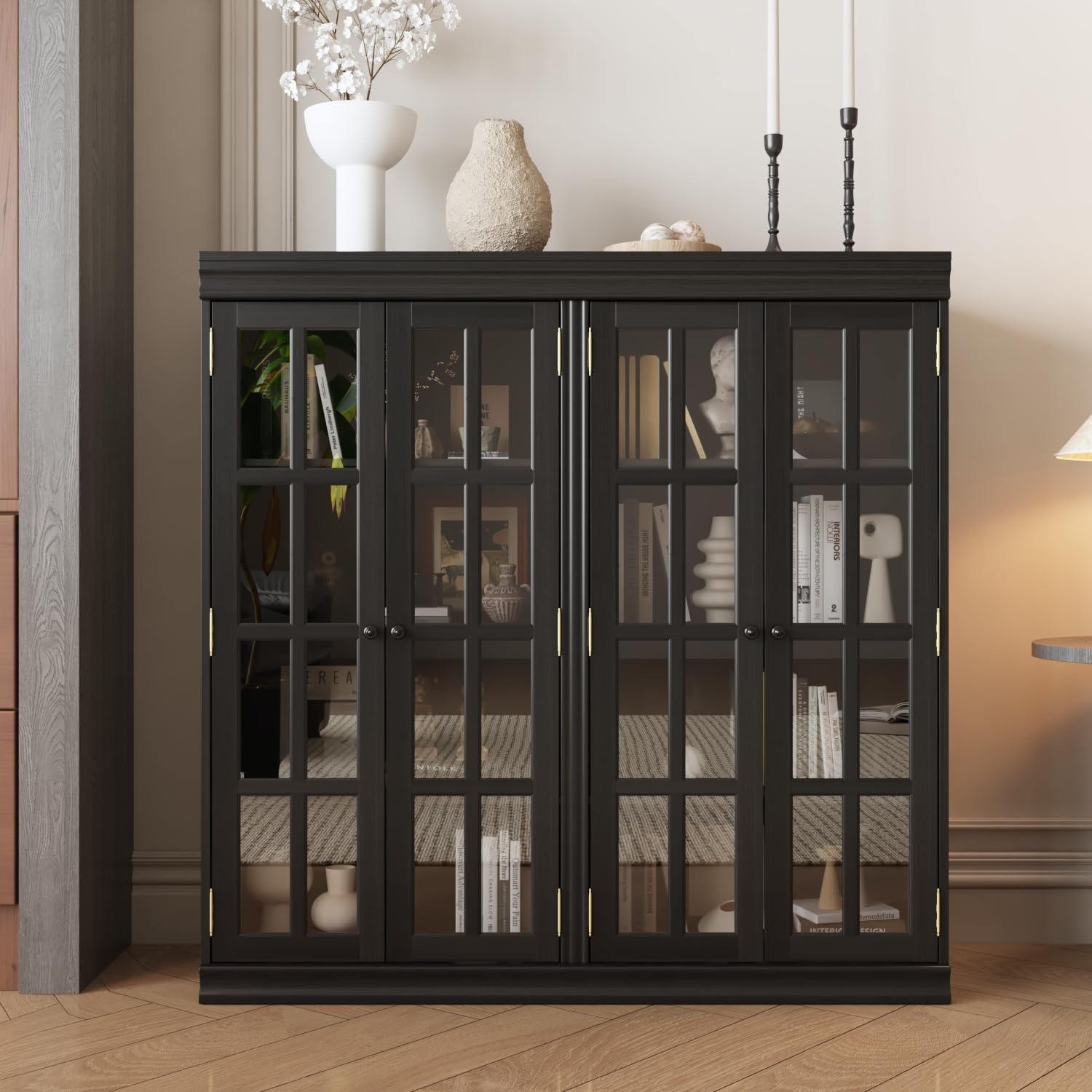 Modular Display Cabinet with Glass Doors, 47.2" W Cubeical Storage Bookshelf with 4 Tiers Shelf, Modern Curio Cabinet for Home Office Living Room, Stackable Unit in Black