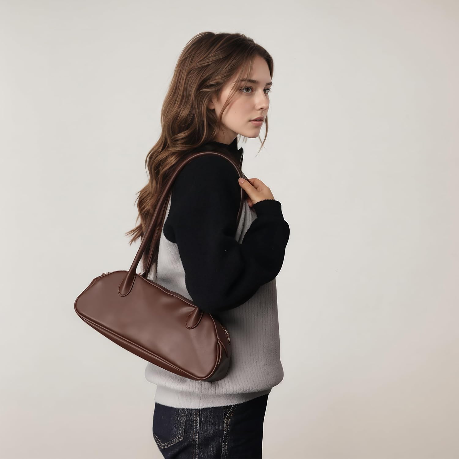 Trendy Swing Zip Shoulder Bag Women Vegan Leather Small Purse Mini Vintage Hobo Handbag for Work Daily Use