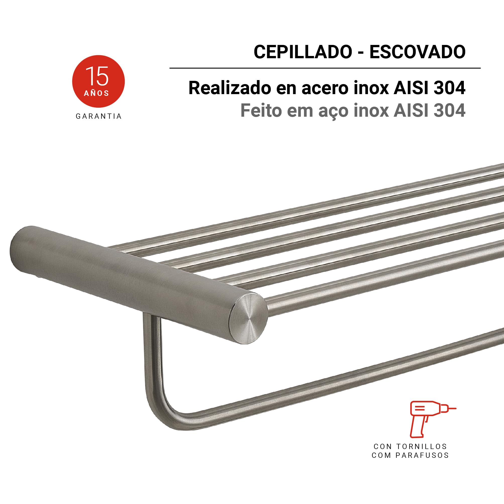 Gedy Ande Estante baño para Toallas Toallero Baño Pared Doble 60x22x12,5cm Acero Inoxidable AISI 304 Acabado Cepillado, Estante Ducha con Tornillos Incluidos