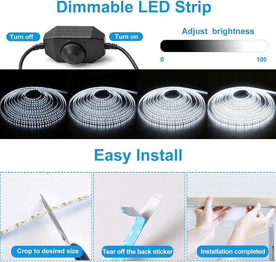 White LED Strip Light 5M/16.4ft, 6000K Cool White 8mm Width Tape Lights, 2000lm Dimmable LED Lights, 24V UK Plug LED Strip with Dimmer Switch for Wardrobe, Cabinet, Kitchen, Conservatory, Garage [Energy Class G]