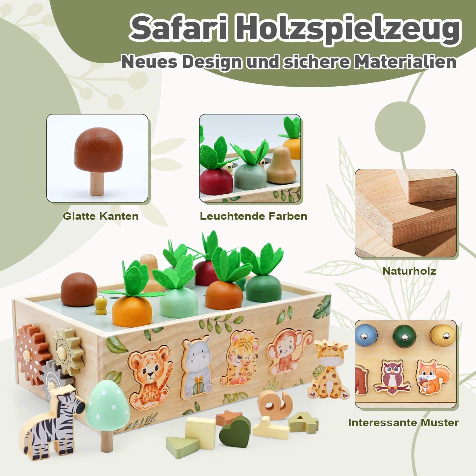 Montessori Zabawka dla Dzieci 1+ Lat, Drewniana Kostka Motoryczna 9 w 1, Safari, Zabawka Motoryczna, Prezent dla Dzieci 1-4 Lat