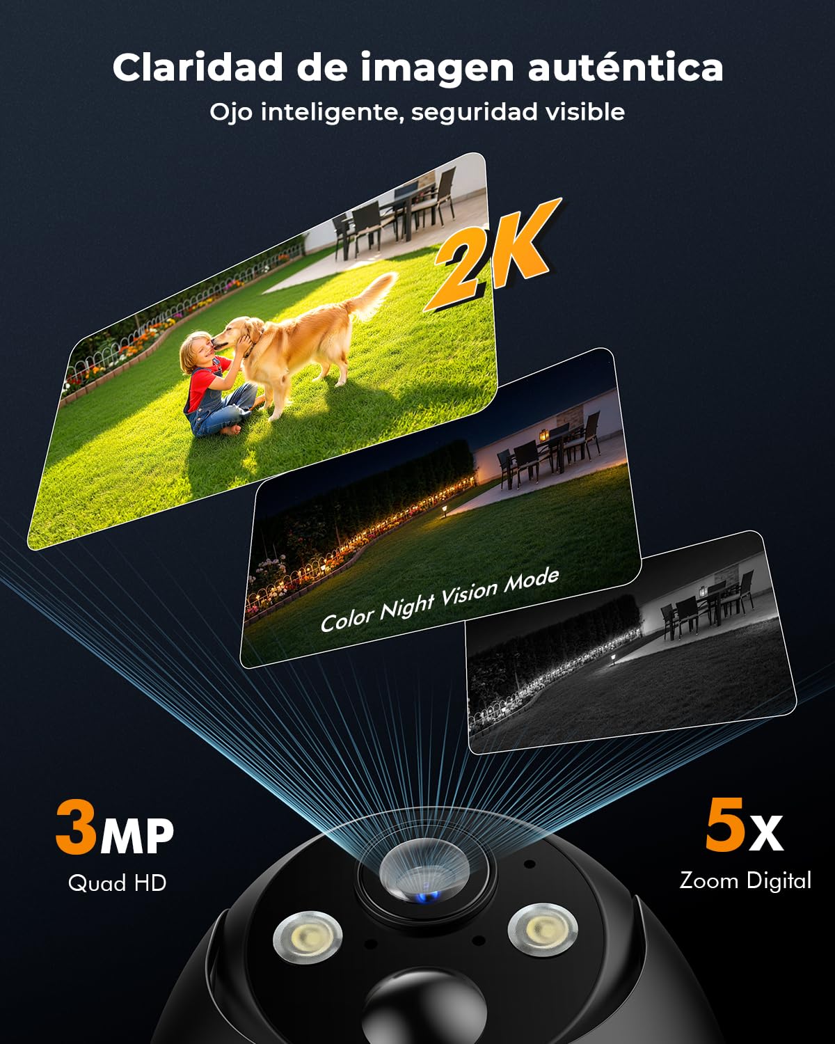 Camara Vigilancia WiFi Exterior Solar 2K sin Cables, YESNAMO Camara Solar con Batería Recargable, 360° PTZ Visión Nocturna Color, Sensor Movimiento PIR, IP66, Sin Suscripción (Negro)