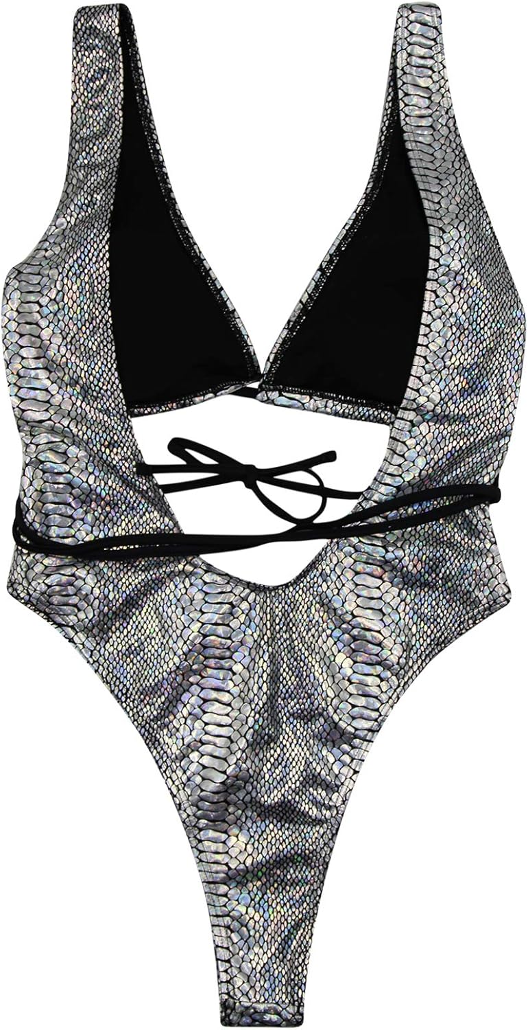 JUMISEE Women Rave Holographic Snakeskin Wrap Swimsuit Sexy Strappy Backless Bathing Suit - Image 6