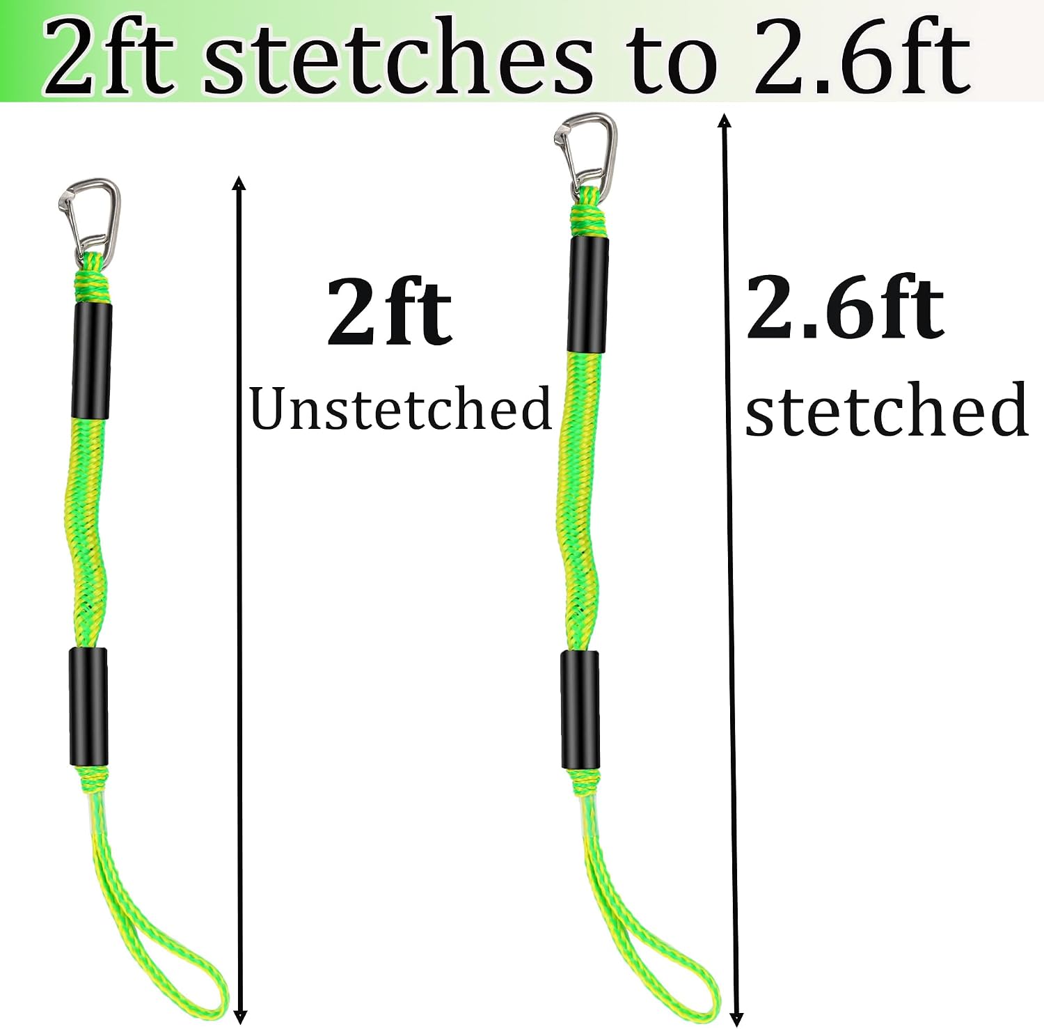 Boat Docking Lines with Clip- 2ft Shock Absorbing Boating Mooring Ropes for Secure Tie-Up, Marine Boat Accessories, for Kayak, Pontoon Boats, Dinghy & Small Watercraft, 2 Pack (Green&Yellow)