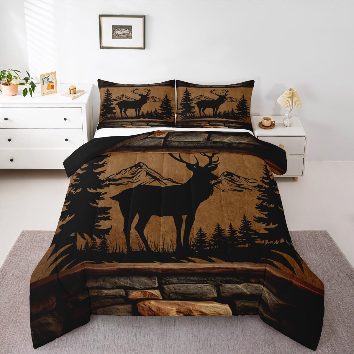 Feelyou Dear Bedding Set Soft for Boys Girls, Rustic Cabin Country Comforter Set Twin Size Farmhouse Duvet Quilt Microfiber Wild Animal Bedroom Decor Vintage Animal2 Pcs with 1 Pillow Cases