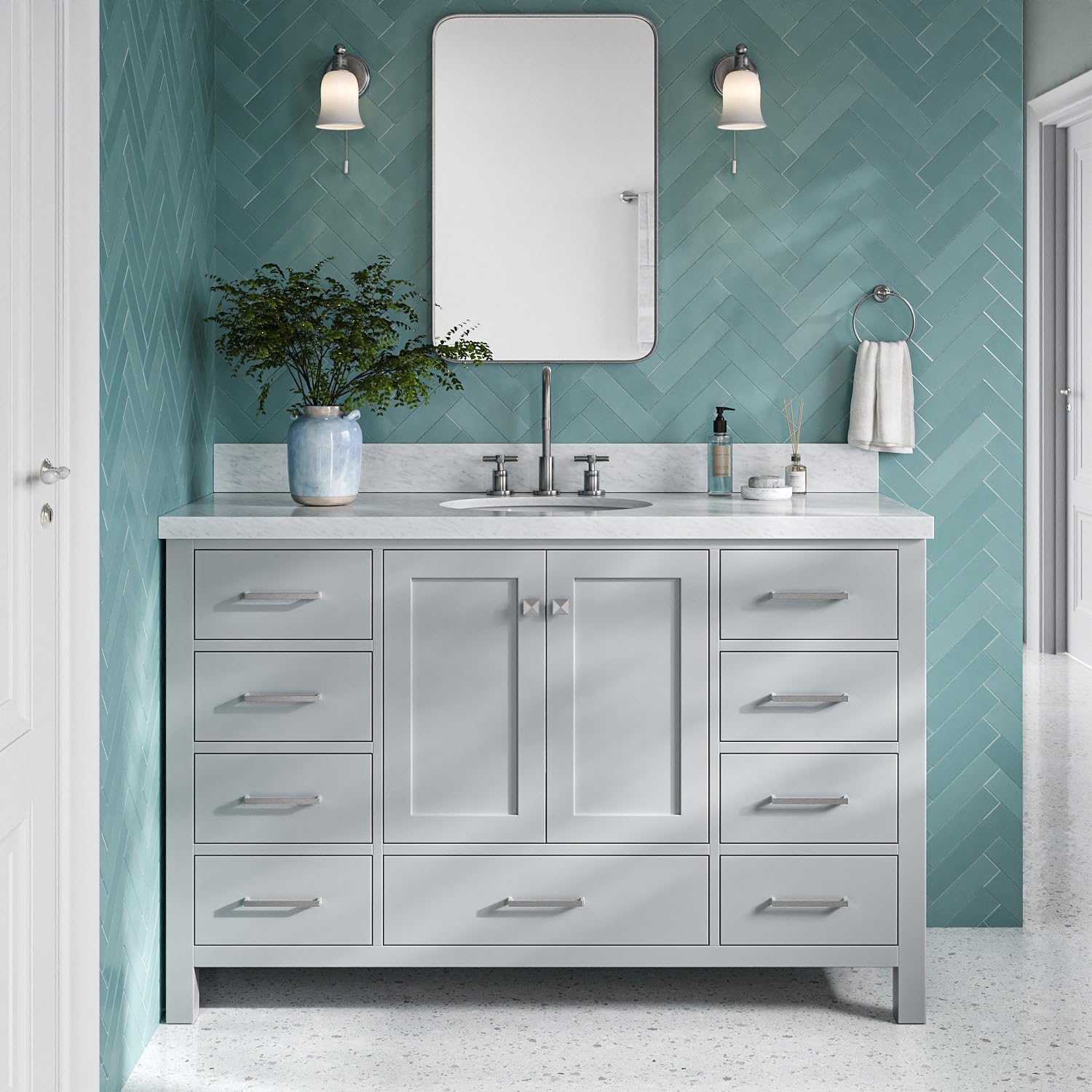DKB Beckford 55-Inch Grey Bathroom Vanity with Sink, 1.5" Edge Italian Carrara Marble Countertop & Backsplash, Center Oval Sink, 2 Soft Closing Doors, 9 Dovetail Drawers, Brushed Nickel Hardware