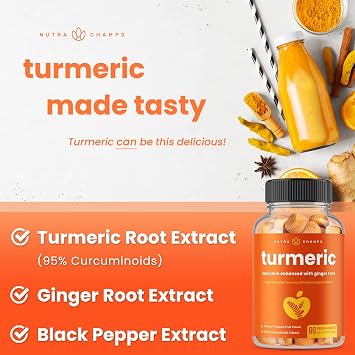 Turmeric Gummies for Adults & Kids with Ginger & Black Pepper Extract | 95% Curcuminoids | Vegan Natural Curcumin Joint Support | 120 Tumeric Gummy Supplements (2-Pack)