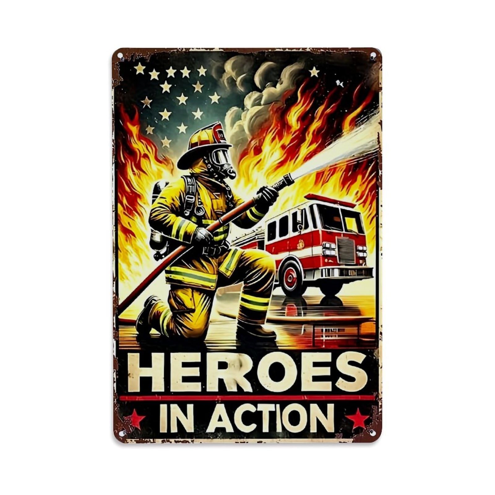 Jdfenggu Vintage Firefighter Fighting Flames With Hose Retro Metal Tin Sign, Decor Art Poster For Bar, Home, Man Cave, Kitchen, Laundry Room Gift 8X12inch