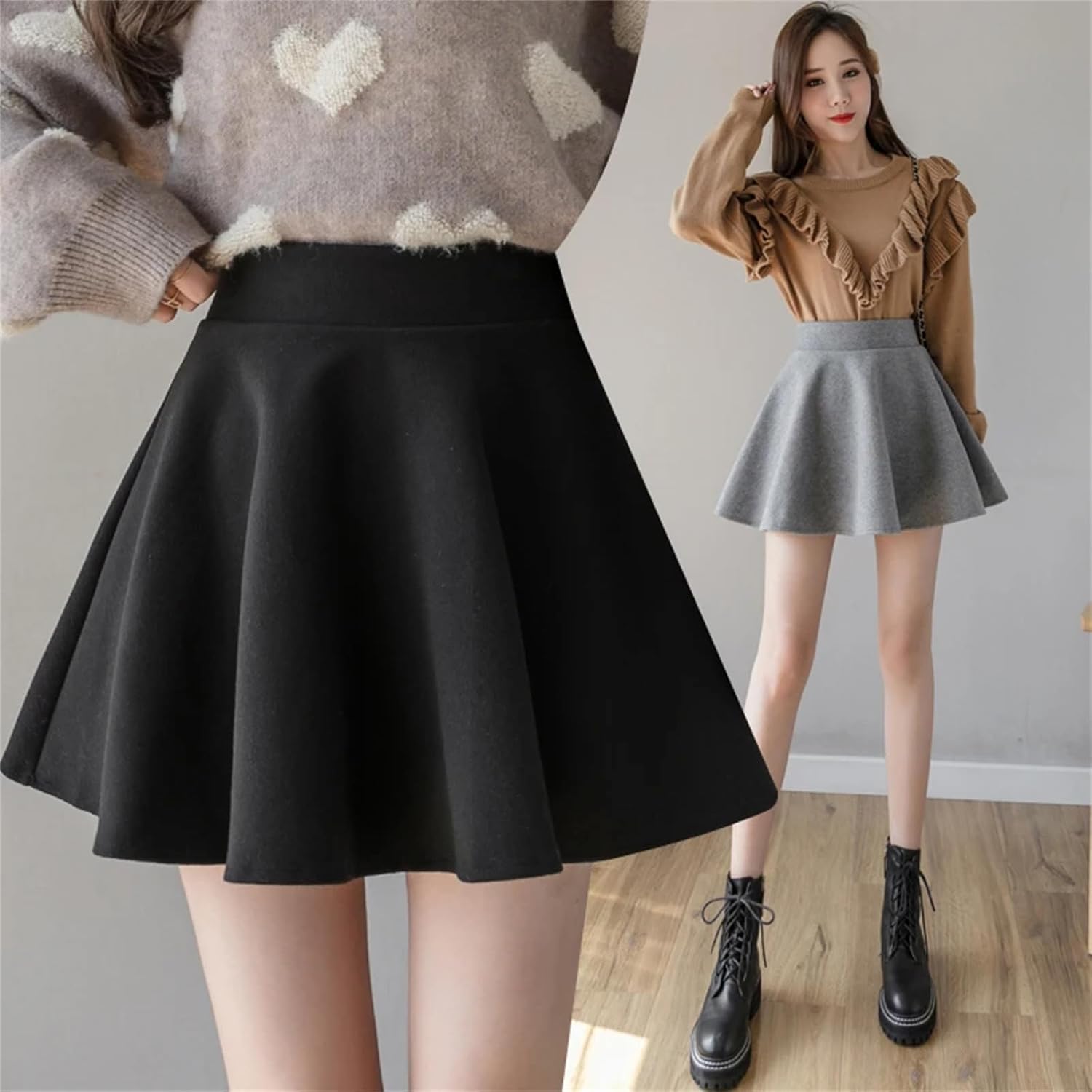 Women Wool Winter Skirts Elastic Waist Pleated Skater Mini Skirt