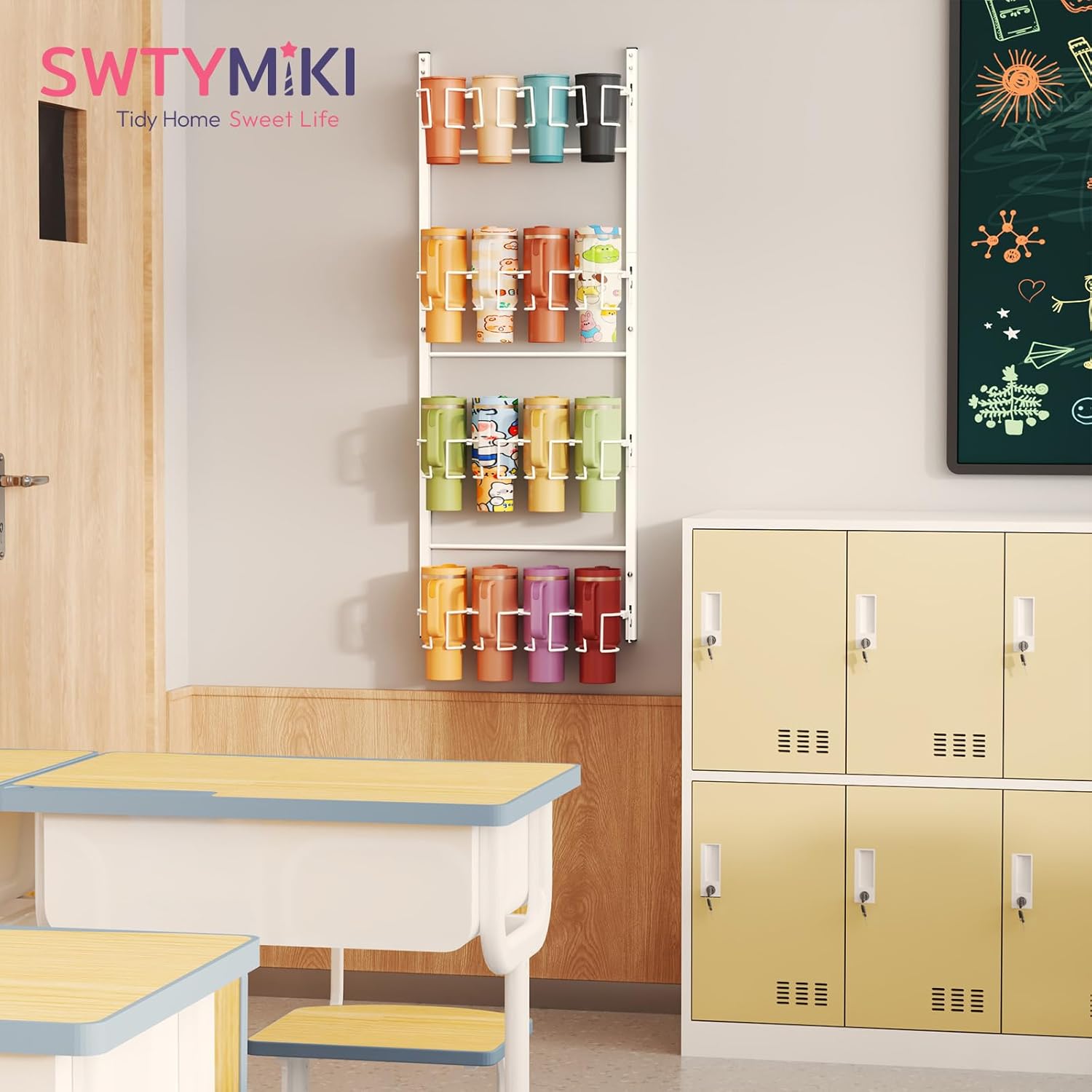 SWTYMIKI 4-Tier Water Bottle Organizer – Over the Door Stanley Cup Holder, Cup Organizer for Door or Wall Mount Option, Stanley Accessories for Pantry, Dorm, Office, RV Use, White