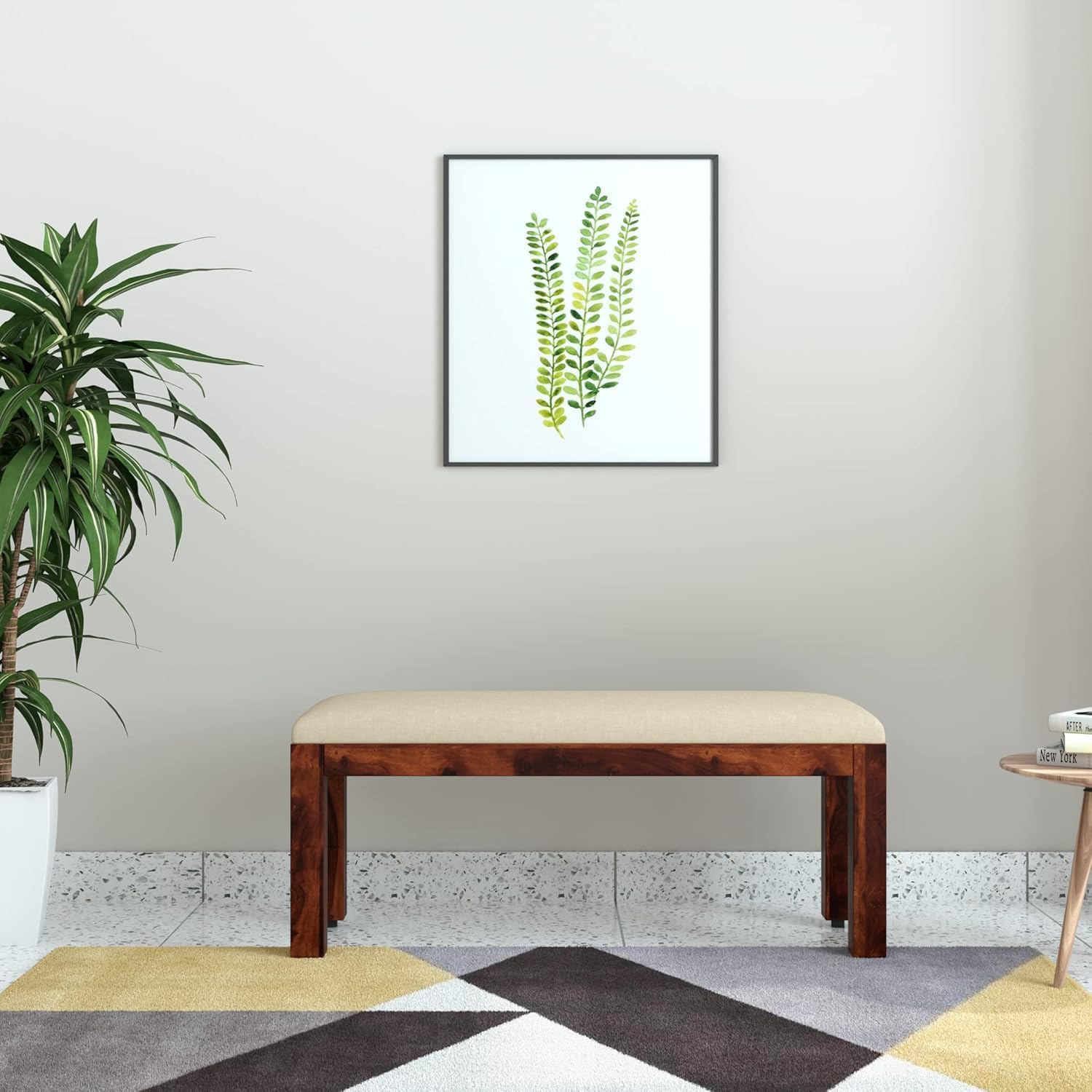 FLATU ART Solid Sheesham Wood Cushioned Living Room Benches, Wooden, Upholstered Wooden Seating Bench for Home & Office (Natural -1)-image-22