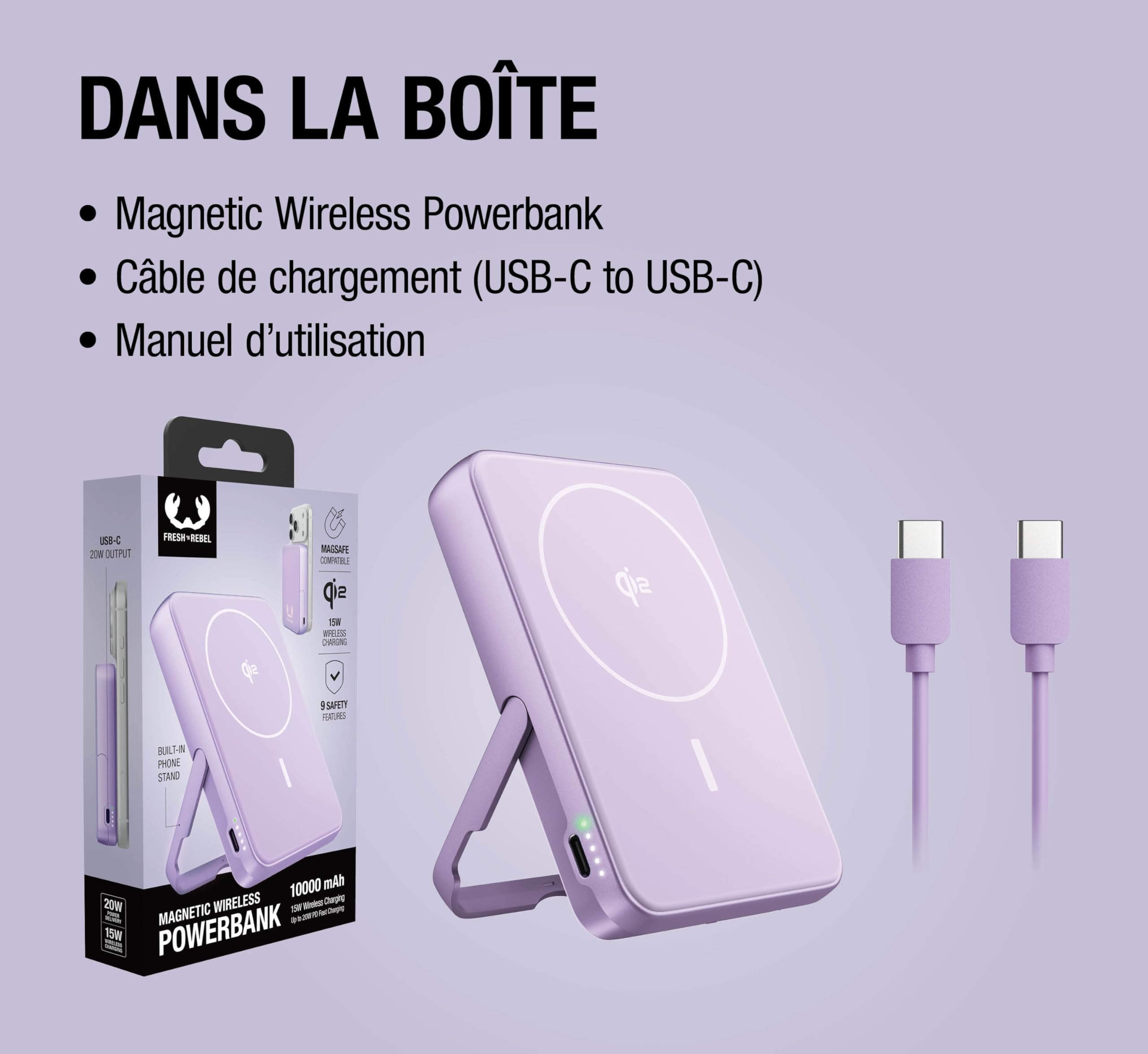 Fresh 'n Rebel Batterie Externe Magnétique sans Fil 10000mAh - Compatible avec MagSafe - Qi2 - Chargeur Rapide 15W - iPhone 17/16/15/14/13/12 & Appareils Android Qi - avec Support (Dreamy Lilac)