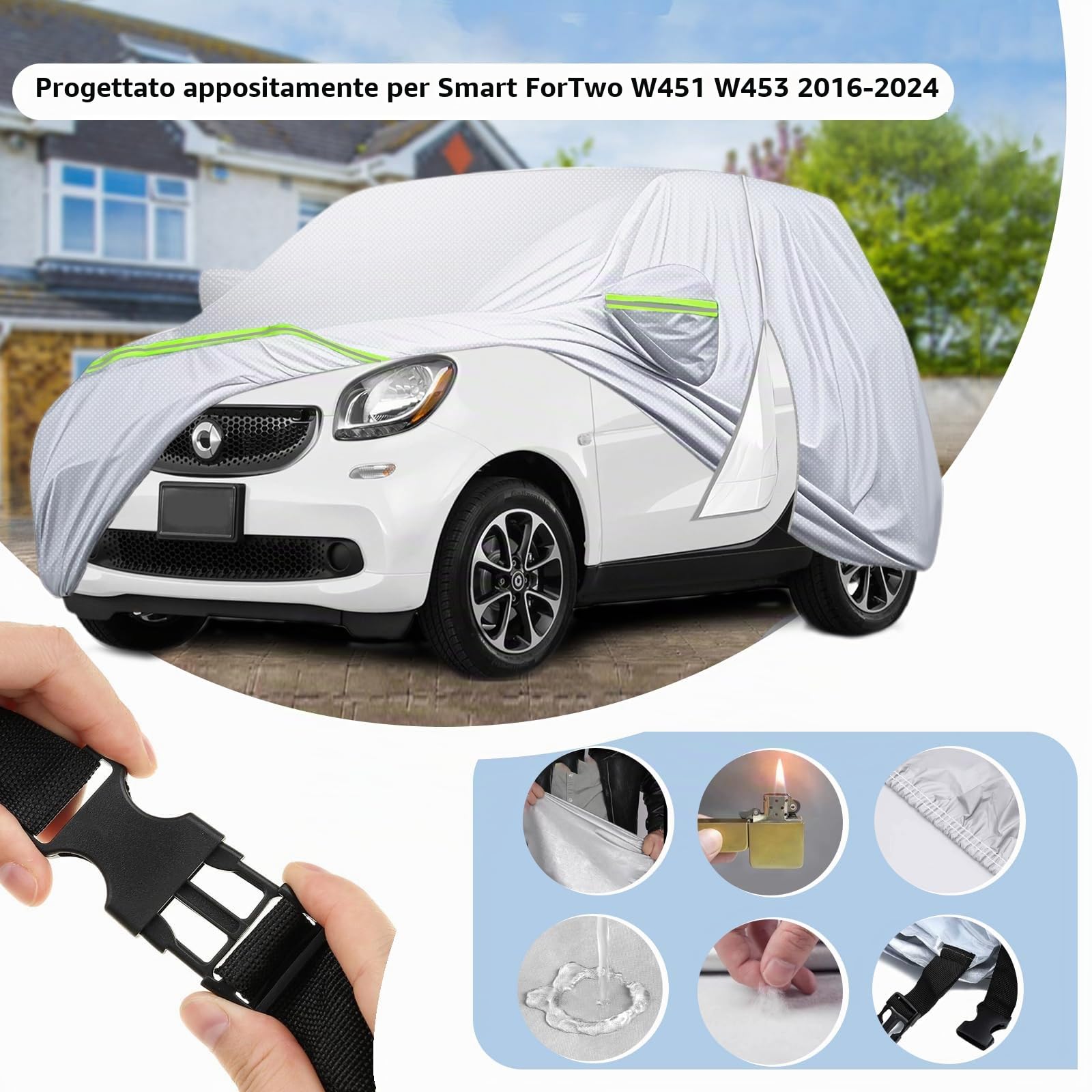 telo Copriauto per smart fortwo W451 W453 2016-2024, Telaio antivento con porta cerniera, tessuto Oxford DuPont.