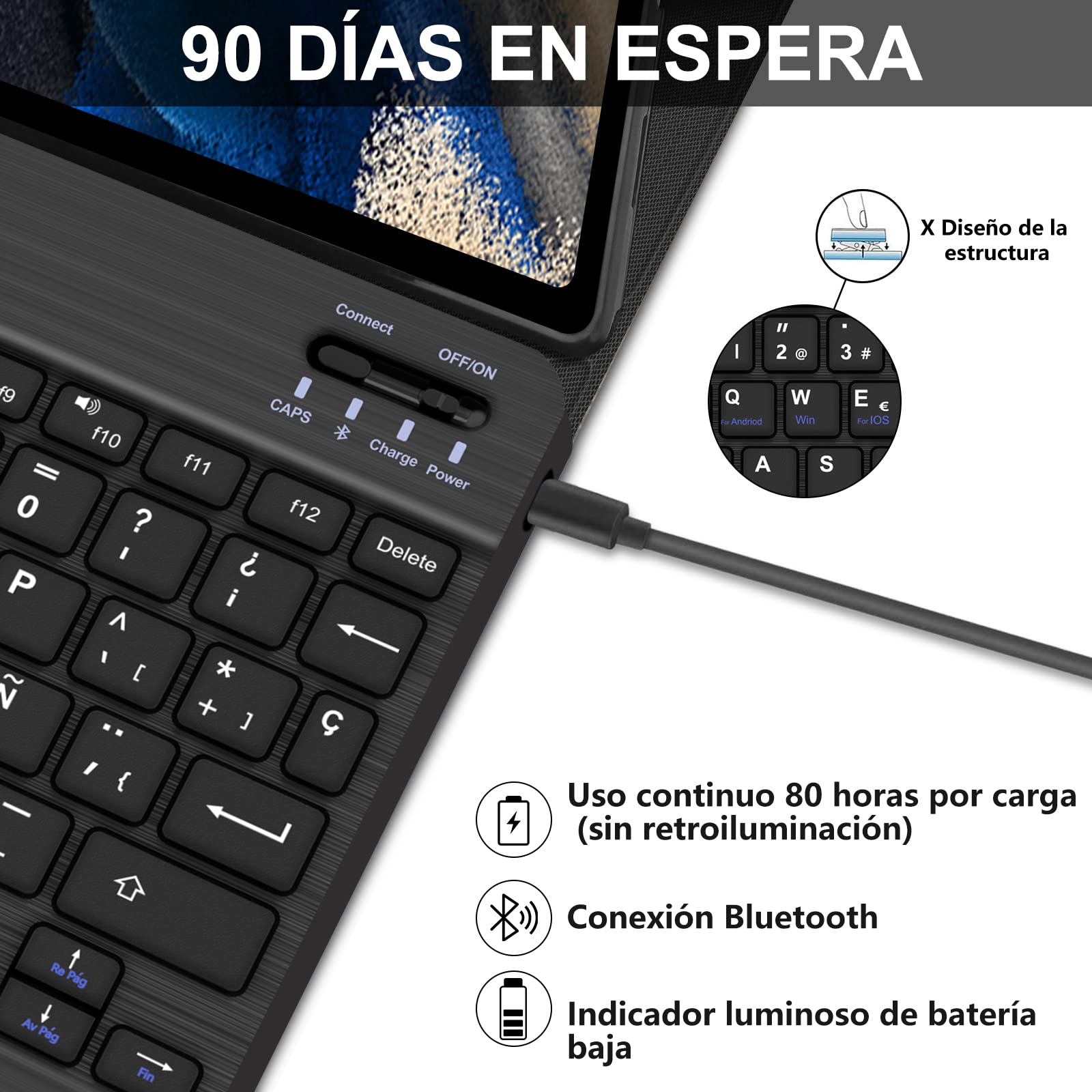 IVEOPPE Funda con Teclado para Samsung Galaxy Tab A8 10.5 2022/2021 (SM-X200/X205/X207), Funda de Cuero Ultra Delgada,Teclado Español Ñ Bluetooth Inalámbrico Magnético Desmontable, Negro