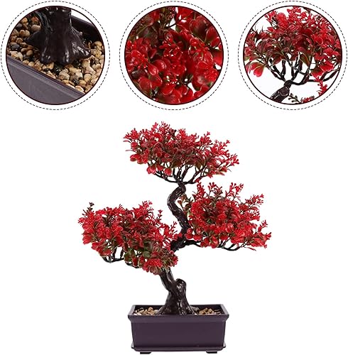 Miniatura 2 de EXCEART Planta de bonsái artificial, decoración en maceta de plástico rojo para escritorio, mesa de boda, centro de mesa, decoración del hogar y la