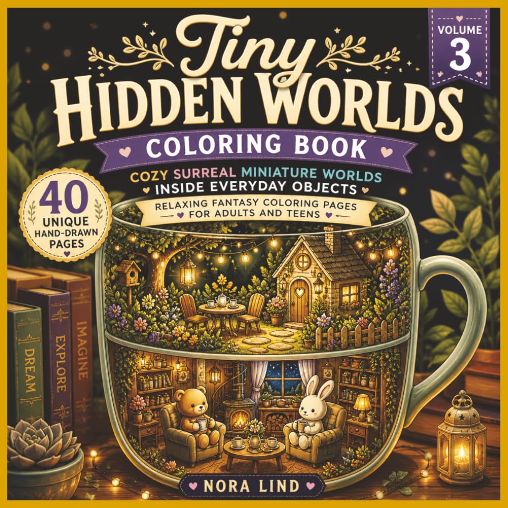 Tiny Hidden Worlds Coloring Book – Volume 3: Cozy Surreal Miniature Worlds Inside Everyday Objects (Tiny Worlds Coloring Books)