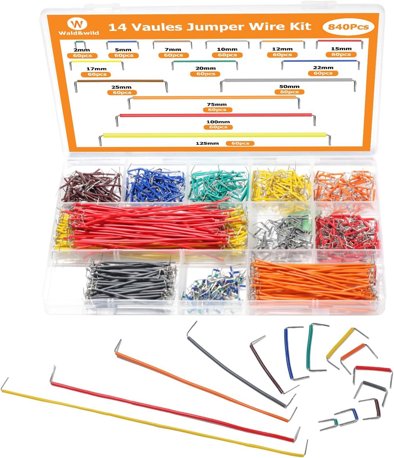 840 Pcs Breadboard Jumper Wires Kit, 14 Vaules 2-125mm Solderless Flexible Connecting Cables, Breadboard Connecting Line Cables, Pre-Stripped & Pre-Formed Right Angles, for Arduino, PCB Circuit Boards