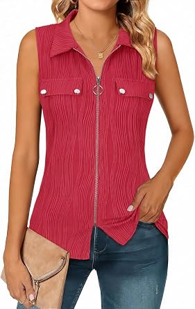 Flikity Vests for Women Summer Tops Ladies V Neck Sleeveless Tank Tops Business Casual Blouses Collared Shirts with Zipper