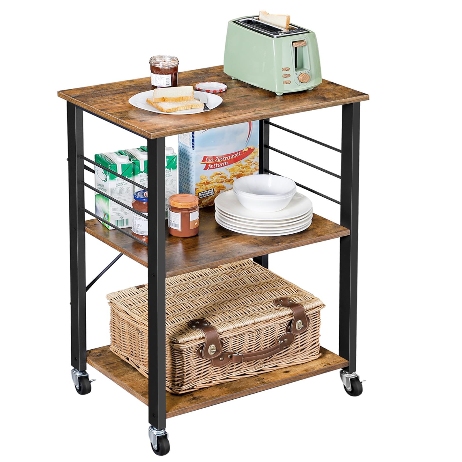 VASAGLE Küchenregal auf Rollen, Servierwagen, 3 Ebenen, Küchenwagen, für Mini-Backofen, Mikrowellen, Metallrahmen, 6 Haken, 40 x 60 x 89 cm, vintagebraun-tintenschwarz KKS60XV1