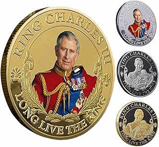 King Charles III Coronation Coins,2023 Commemorative Coin,Gold British King Stereo Embossed Color Printin Charles Statue UK Metal Coins for Collectors (1/4 Pieces)