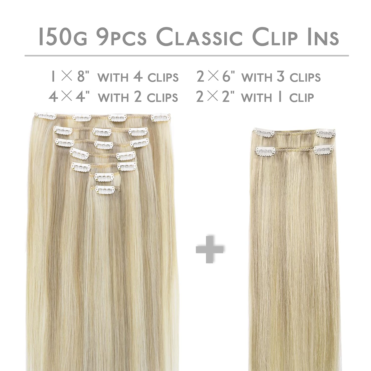 WENNALIFE Hair Extensions Clip In, 9pcs 18inch 150g Ash Blonde Highlighted Platinum Blonde Thicker Clip In Hair Extensions Real Human Hair Remy hair extension Double Weft Clip in Human Hair Extensions