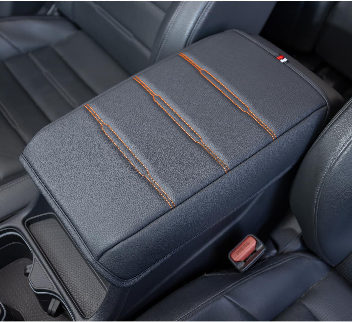 PIMCAR Center Console Cover Designed for 2026 2025 2024 2023 Honda CRV, PU Leather Armrest Box Cover Interior Protector Accessories(Black/Orange Stitches)