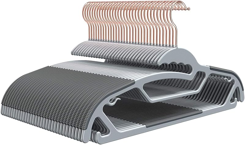 50 Pack S-Shaped Plastic Hangers, Non Slip, Gray | Side-entry design, rubber grips, 360° hooks, 11 lb support, Small necklines/dorm closets